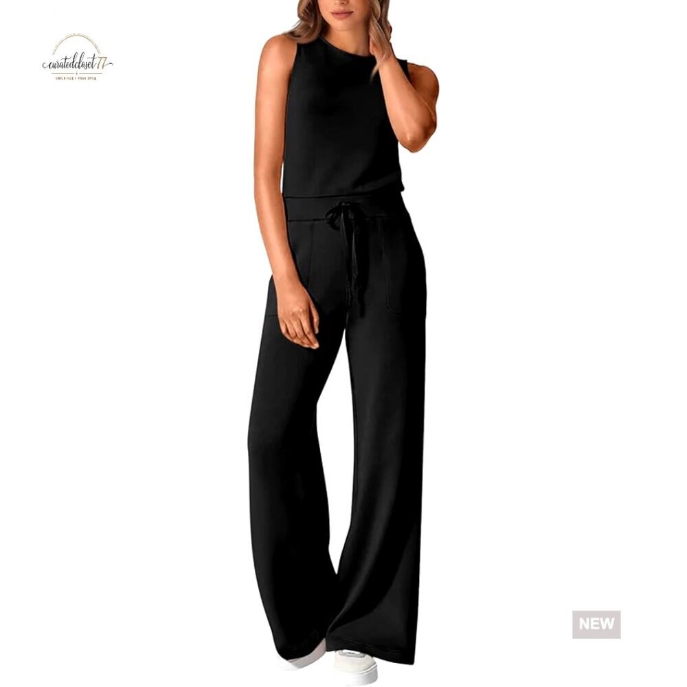 Sleeveless Wide Leg Jumpsuit with Pockets, Adjustable Tie Waist, OEKO-TEX